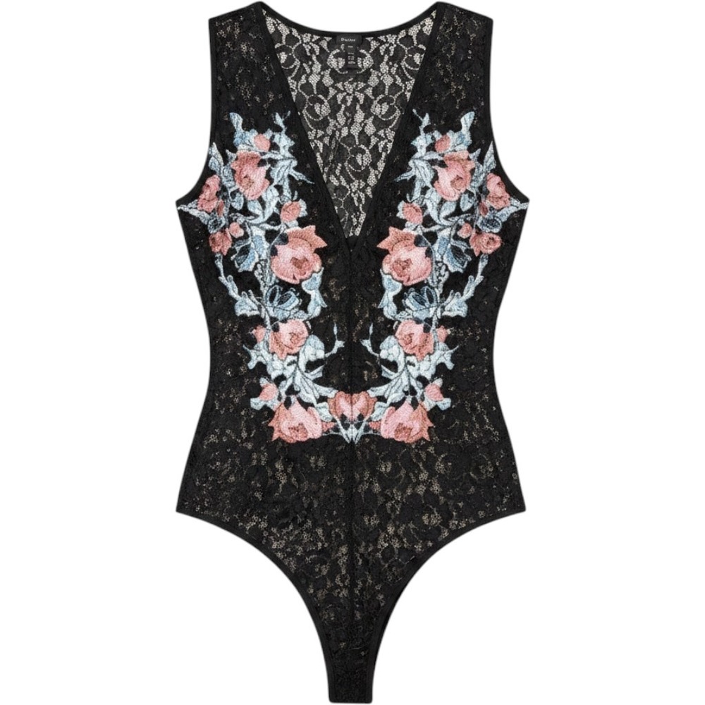 Guess Womens Black Lace Floral Embroidered Bodysuit‎ Rose Applique Sleeveless L